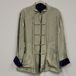 Reversible Asian Inspired Jacket Sage Green Blue Frog Closure Mandarin Collar